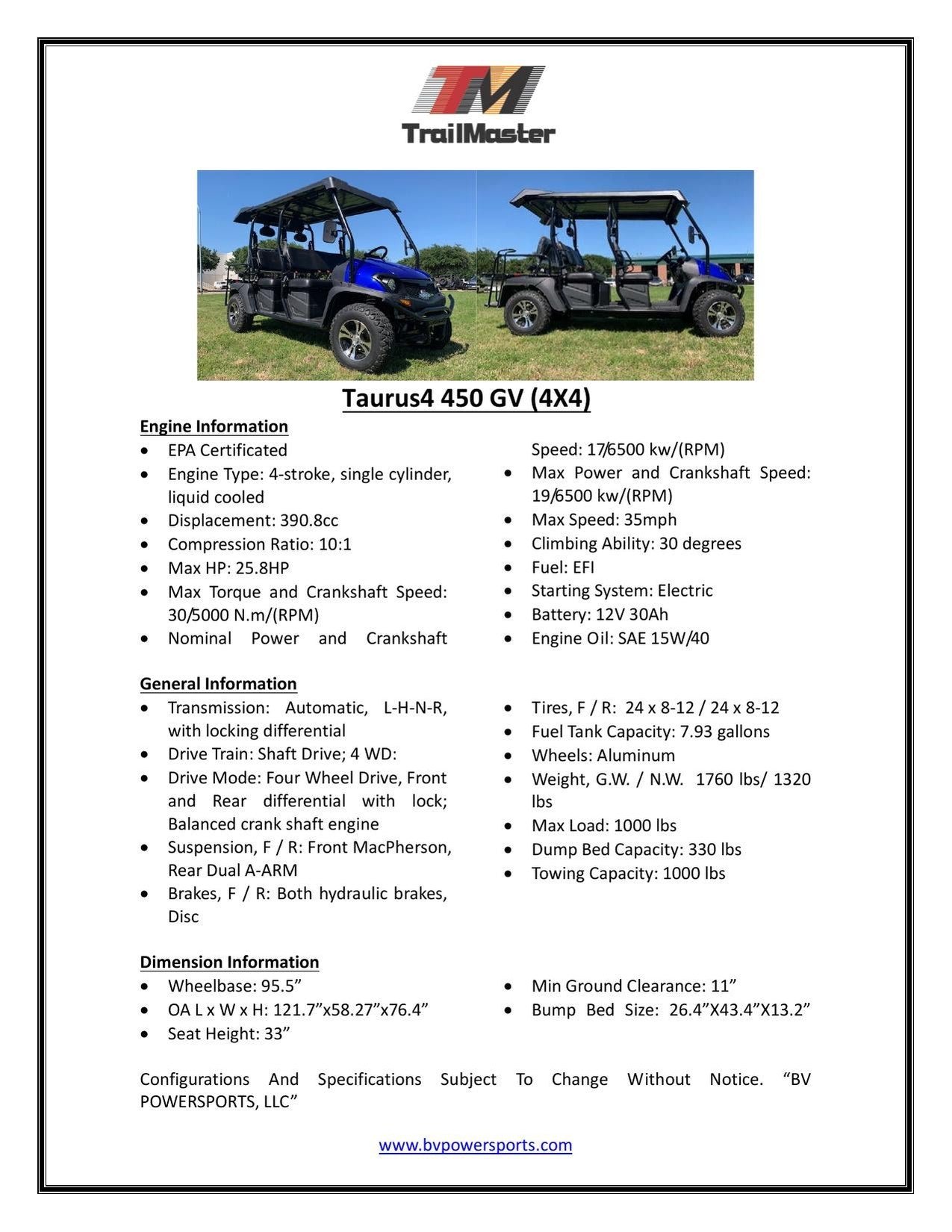 Trailmaster Taurus 4-450 6 Seats UTV / side-by-side with High/Low Gear - Image 6